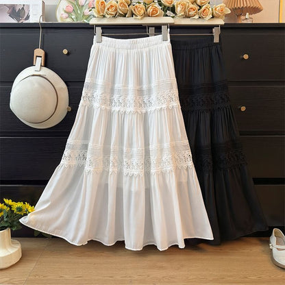 Sheer Lace Panel Tiered Maxi A-Line Skirt