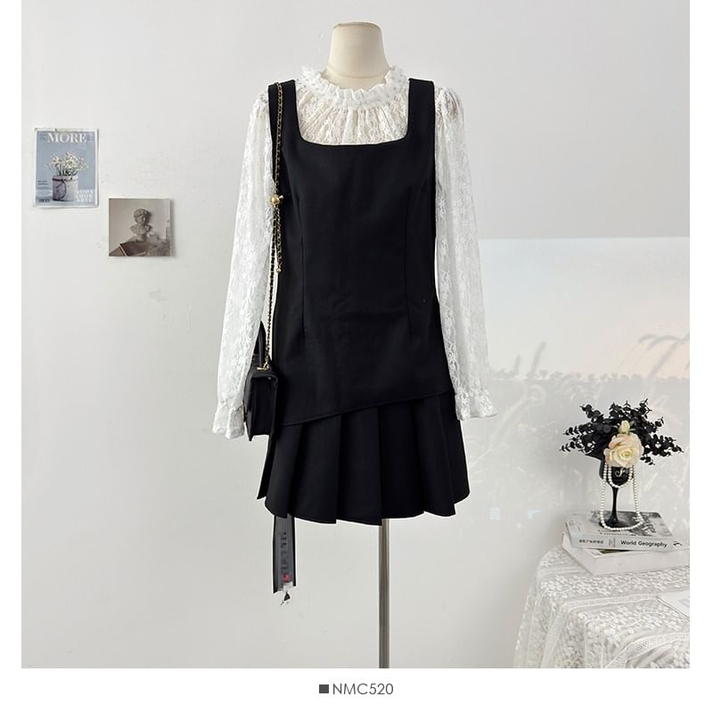 Mock Two-Piece Lace Panel Top and Pleated Mini Skirt Set