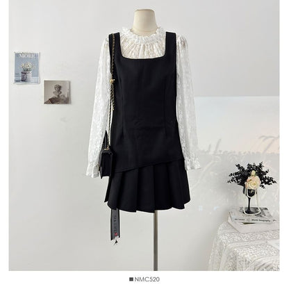 Mock Two-Piece Lace Panel Top and Pleated Mini Skirt Set