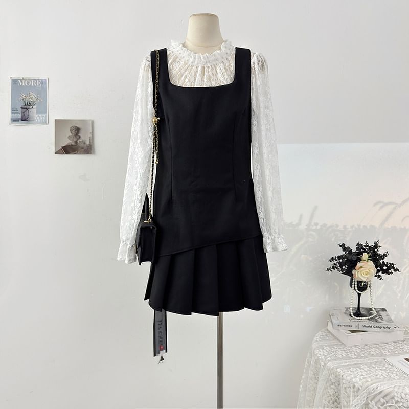 Mock Two-Piece Lace Panel Top and Pleated Mini Skirt Set