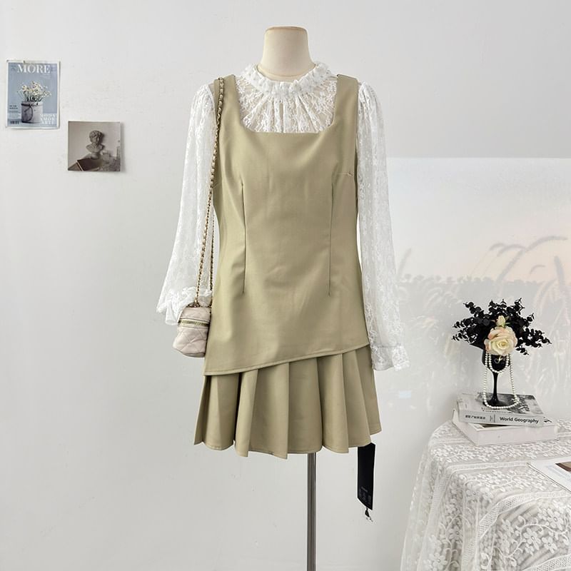 Mock Two-Piece Lace Panel Top and Pleated Mini Skirt Set