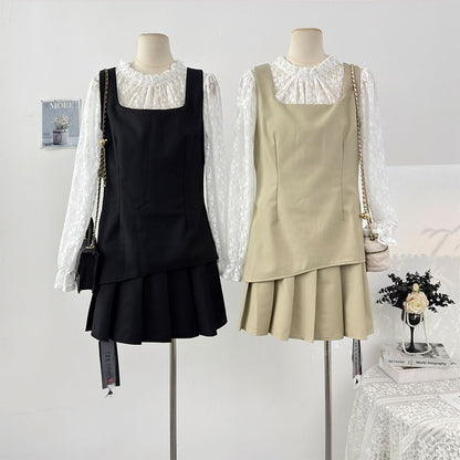 Mock Two-Piece Lace Panel Top and Pleated Mini Skirt Set