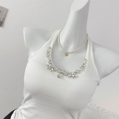 Rhinestone Halter Neck Slim Tank Top