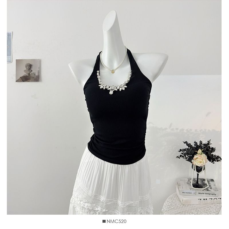 Rhinestone Halter Neck Slim Tank Top