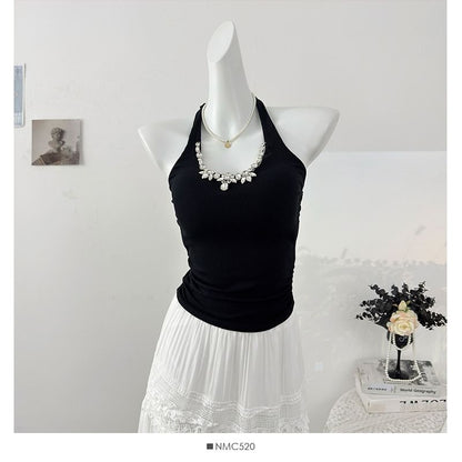 Rhinestone Halter Neck Slim Tank Top