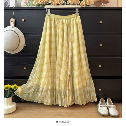Plaid Sheer Maxi A-Line Skirt High-Rise