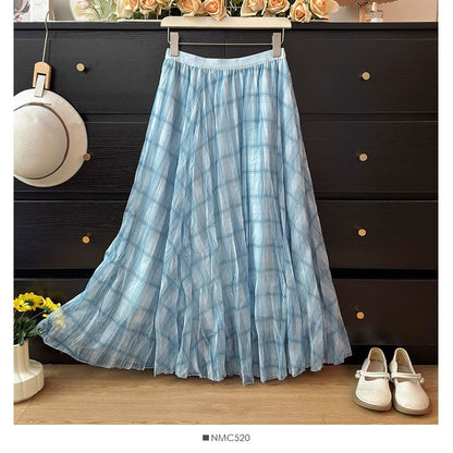 Plaid Sheer Maxi A-Line Skirt High-Rise