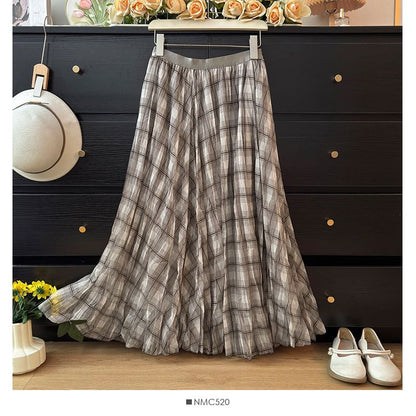 Plaid Sheer Maxi A-Line Skirt High-Rise