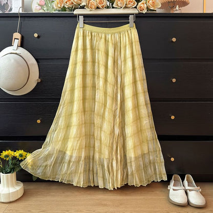 Plaid Sheer Maxi A-Line Skirt High-Rise