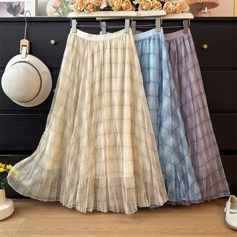 Plaid Sheer Maxi A-Line Skirt High-Rise