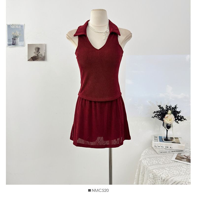 Tailored V-Neck Fitted Tank & High-Rise Mini Skirt Set