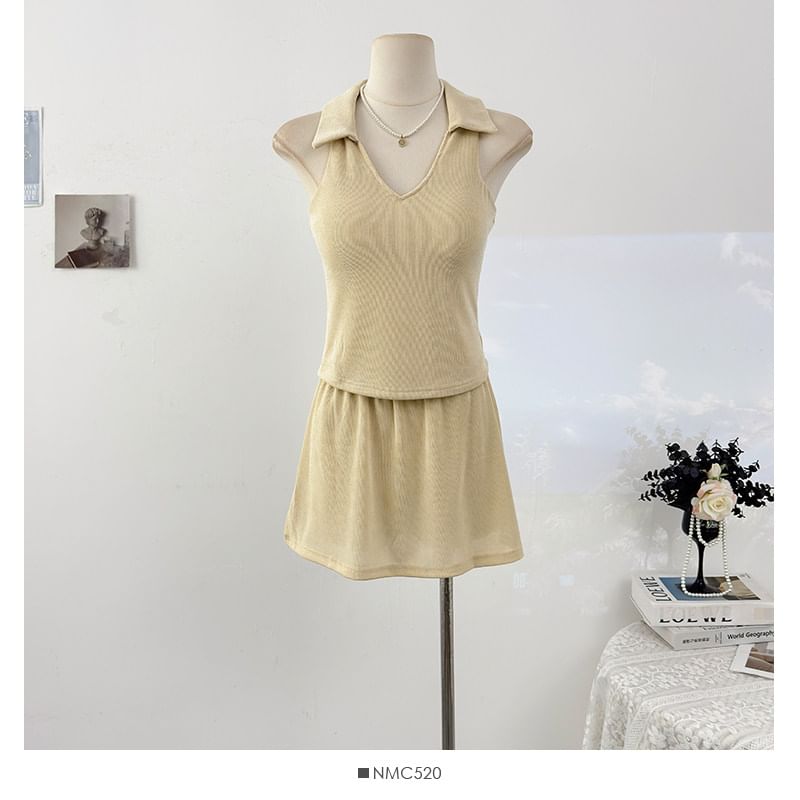 Tailored V-Neck Fitted Tank & High-Rise Mini Skirt Set