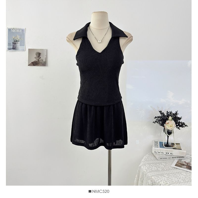 Tailored V-Neck Fitted Tank & High-Rise Mini Skirt Set
