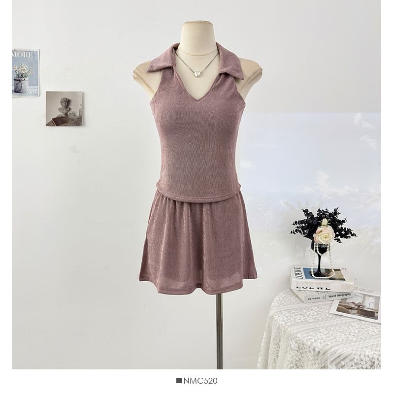 Tailored V-Neck Fitted Tank & High-Rise Mini Skirt Set