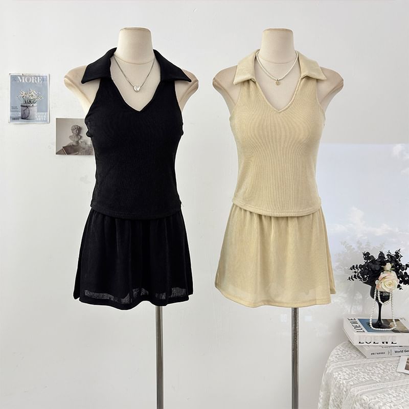 Tailored V-Neck Fitted Tank & High-Rise Mini Skirt Set