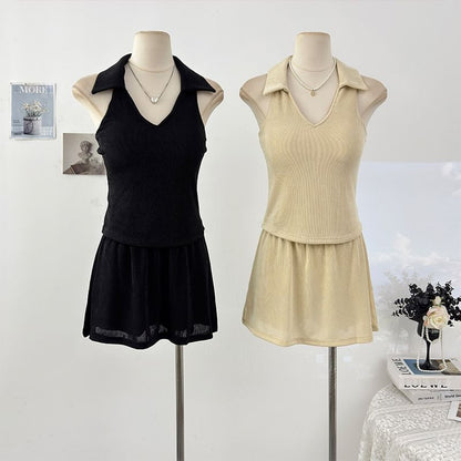 Tailored V-Neck Fitted Tank & High-Rise Mini Skirt Set