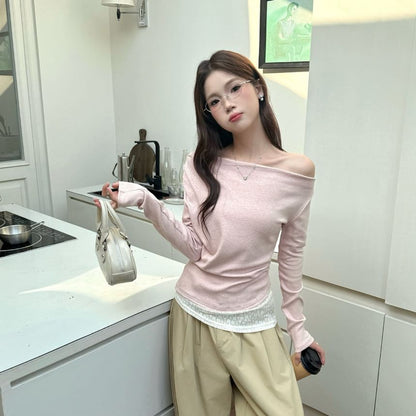 Off-Shoulder Lace Panel Slim Fit Tee