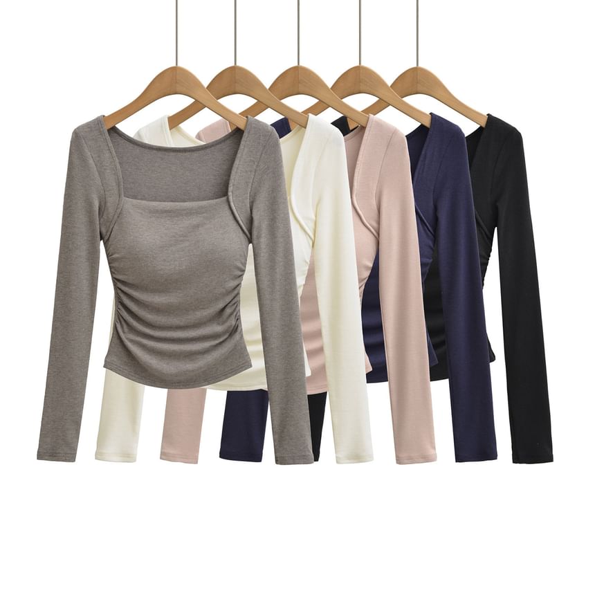 Ruched Square Neck Tee - Long Sleeve