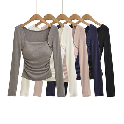 Ruched Square Neck Tee - Long Sleeve