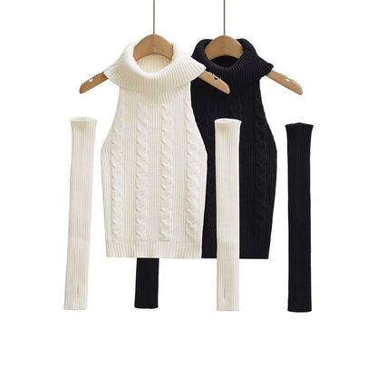 Turtleneck Knit Top with Arm Warmers - Sleeveless
