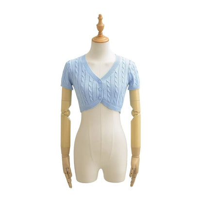 Cable Knit Crop Top - Short Sleeve V-Neck