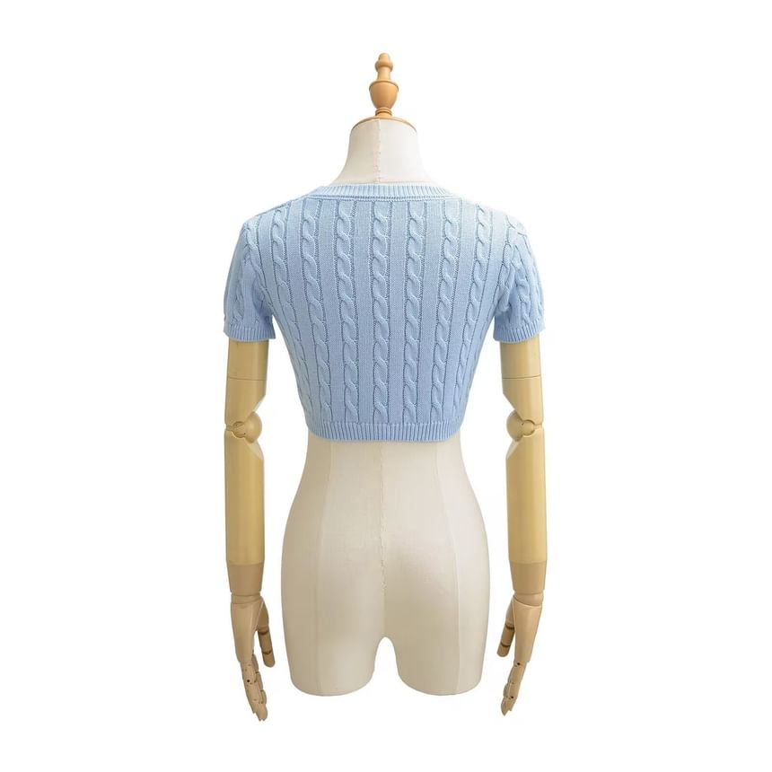 Cable Knit Crop Top - Short Sleeve V-Neck