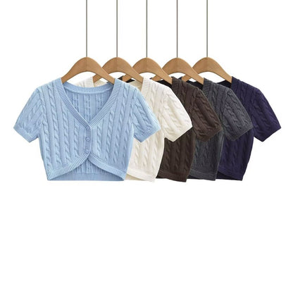 Cable Knit Crop Top - Short Sleeve V-Neck