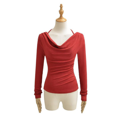 Cowl Neck Crop Tee - Ruched Long Sleeve