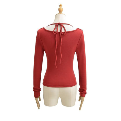 Cowl Neck Crop Tee - Ruched Long Sleeve