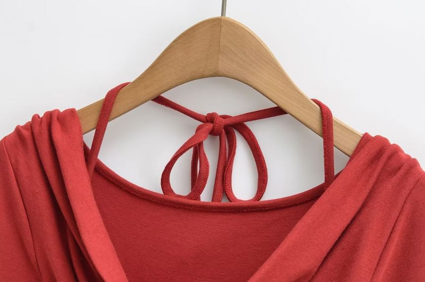 Cowl Neck Crop Tee - Ruched Long Sleeve