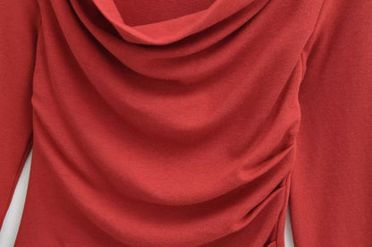 Cowl Neck Crop Tee - Ruched Long Sleeve