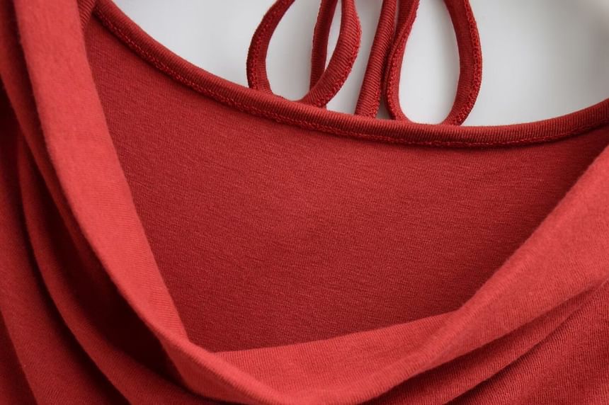 Cowl Neck Crop Tee - Ruched Long Sleeve