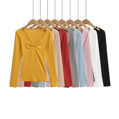 Ruched Crew Tee - Long Sleeve V-Neck