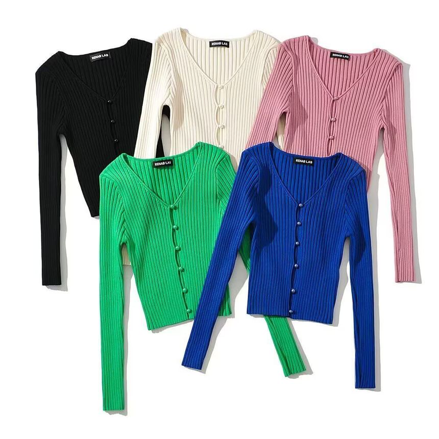 Crop Knit Sweater - V-Neck Long Sleeve