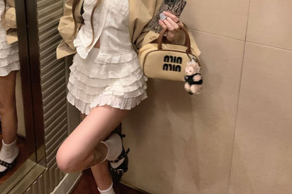 Collared Zip-Up Plain Jacket / Lace Trim Button-Up Crop Tube Top / High Waist Tiered Mini A-Line Skirt