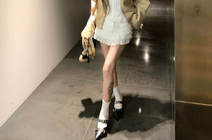 Collared Zip-Up Plain Jacket / Lace Trim Button-Up Crop Tube Top / High Waist Tiered Mini A-Line Skirt