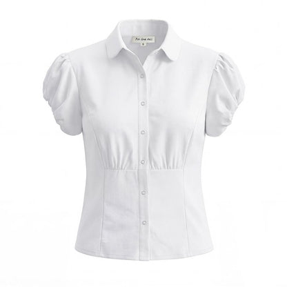 Puff Sleeve Collared Button-Up Blouse