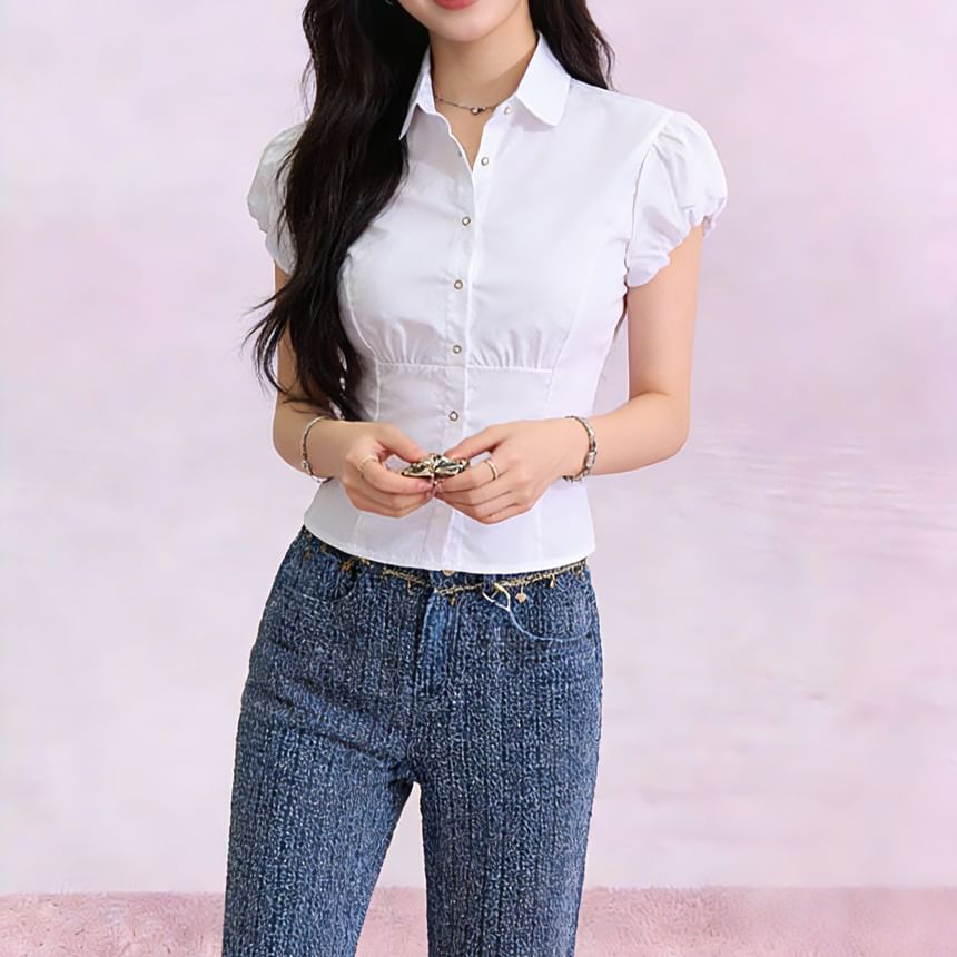 Puff Sleeve Collared Button-Up Blouse