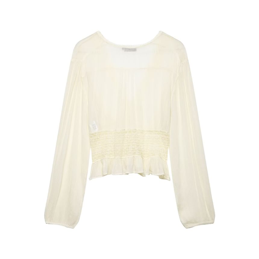 Long Sleeve V-Neck Lace Button-Up Sheer Crop Blouse