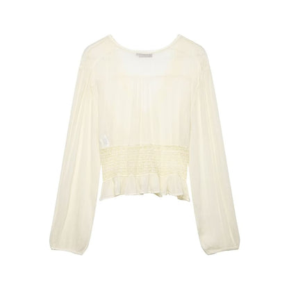 Long Sleeve V-Neck Lace Button-Up Sheer Crop Blouse