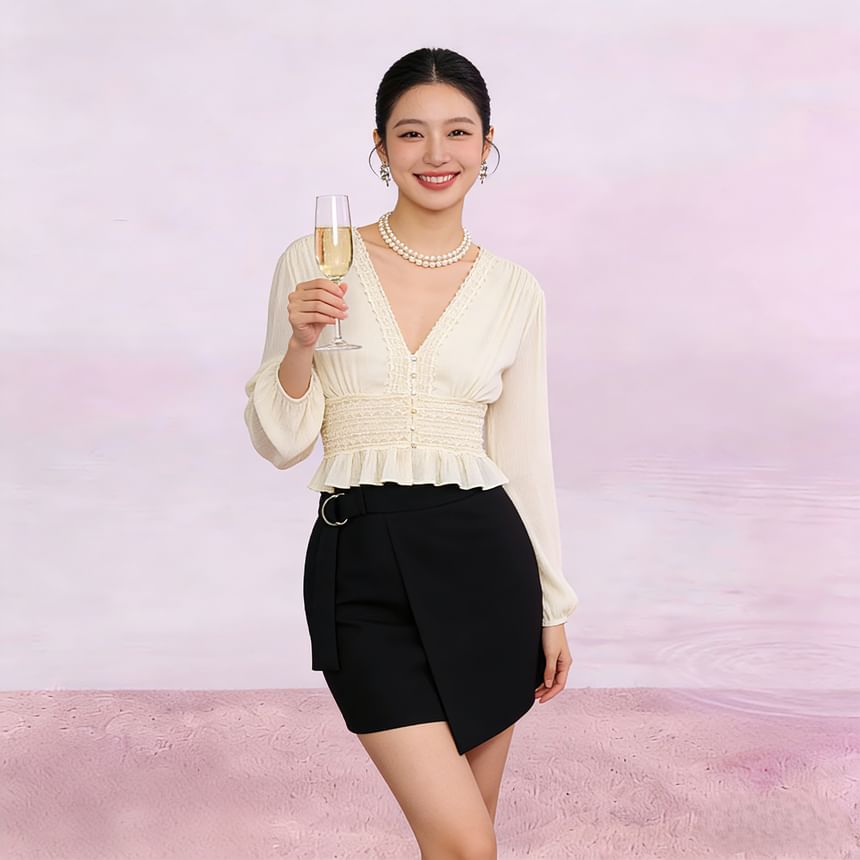 Long Sleeve V-Neck Lace Button-Up Sheer Crop Blouse