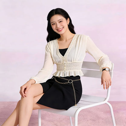 Long Sleeve V-Neck Lace Button-Up Sheer Crop Blouse