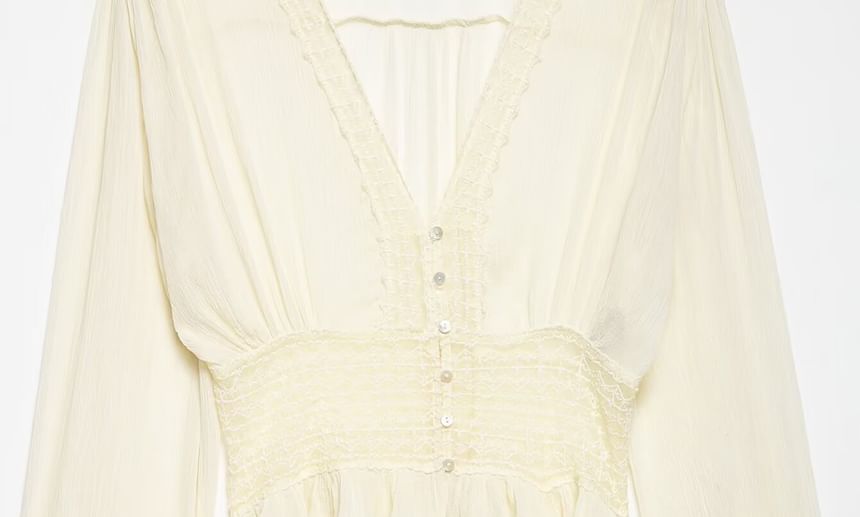 Long Sleeve V-Neck Lace Button-Up Sheer Crop Blouse
