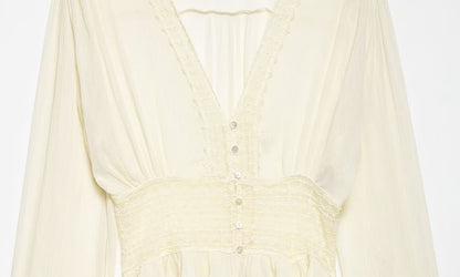 Long Sleeve V-Neck Lace Button-Up Sheer Crop Blouse
