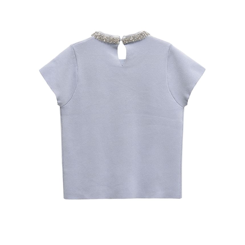 Short Sleeve Crew Neck Embellished Knit Top & High Waist Pleated Mini Skirt