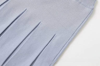 Short Sleeve Crew Neck Embellished Knit Top & High Waist Pleated Mini Skirt
