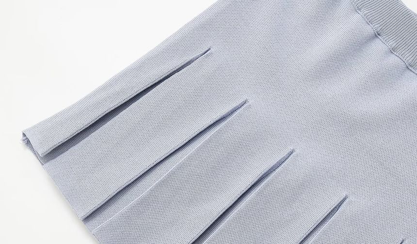 Short Sleeve Crew Neck Embellished Knit Top & High Waist Pleated Mini Skirt