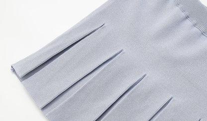 Short Sleeve Crew Neck Embellished Knit Top & High Waist Pleated Mini Skirt