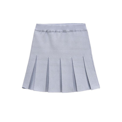 Short Sleeve Crew Neck Embellished Knit Top & High Waist Pleated Mini Skirt