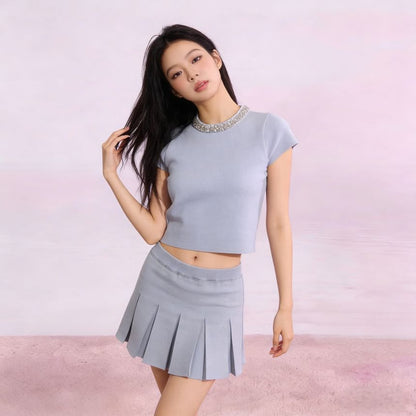 Short Sleeve Crew Neck Embellished Knit Top & High Waist Pleated Mini Skirt